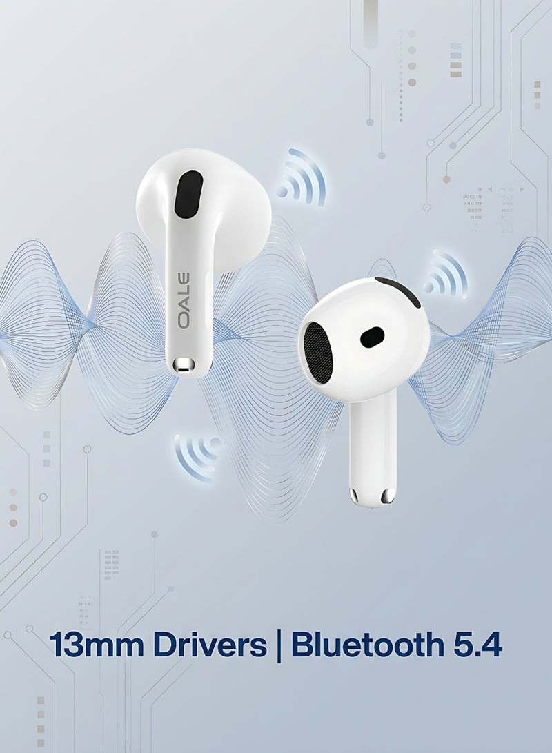 أوالي, سماعات OALE iAir 4 لاسلكية، بلوتوث 5.4، مشغلات 13 مم، تشغيل حتى 30 ساعة، تحكم باللمس، دعم Siri، شحن Type-C، أبيض - Image 2